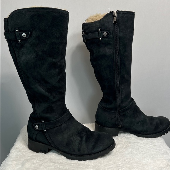 UGG Jillian Black Suede Shearling Sheepskin Lined Riding Boot sz 7 - Picture 3 of 15